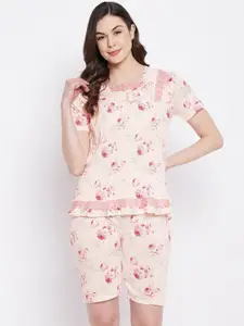 Camey Women Peach-Coloured & Pink Floral Printed Cotton Blend Night suit