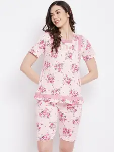 Camey Women Peach-Coloured & Grey  Floral Printed Night suit