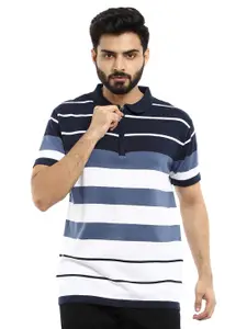 V-Mart Men White & Blue Striped Polo Collar Cotton T-shirt