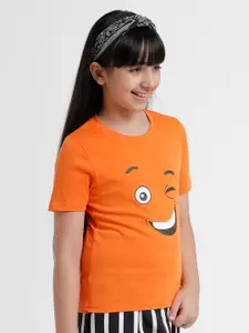 De Moza Girls Orange Printed Pure Cotton T-shirt