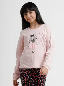 De Moza Girls Pink & Black Pure Cotton Graphic Print Puff Sleeves T-shirt