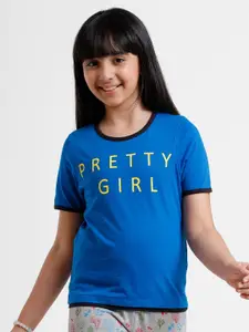 De Moza Girls Blue & Yellow Pure Cotton Typography Print T-shirt