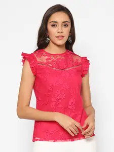 HOUSE OF KKARMA Pink Floral Self Embroidered Top
