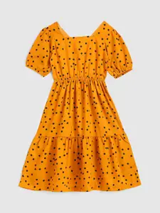 YK Girls Mustard Yellow & Black Polka Dot Print Tiered Crepe Dress