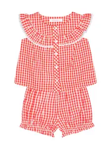 Budding Bees Girls Coral Pink & White Checked Ruffled Pure Cotton Top with Shorts