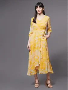 Miss Chase Women Yellow Floral Chiffon Midi Tie-up Dress
