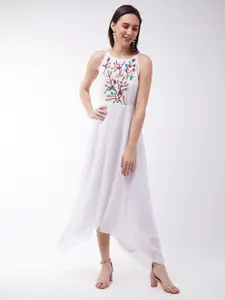 Miss Chase Off White Floral Embroidered Halter Neck Georgette Maxi Dress