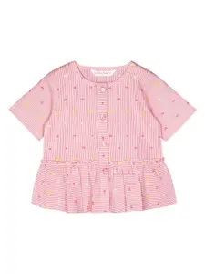 Budding Bees Infant Girl Pink & White Striped Dobby Weave Ruffled Cotton A-Line Top