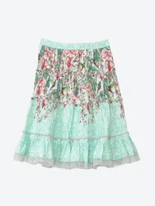 Biba Girls Sea-Green & Pink Printed Pure Cotton Flared Knee-Length Skirt