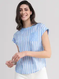 Pink Fort Women Blue Striped Extended Sleeves Cotton Top