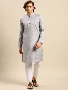 Anouk Men Silver Woven Design Pure Cotton Kurta with Pyjamas