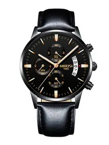 Nibosi Men Black Dial & Black Leather Straps Analogue Chronograph Watch NB-2309-L-Blk-Blk-Gld-Black-Gold