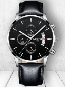 Nibosi Men Black Dial & Black Leather Straps Analogue Chronograph Watch