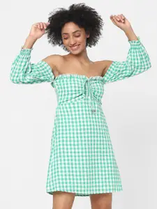 ONLY Green & White Checked Off-Shoulder A-Line Dress