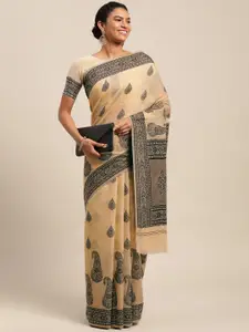 Satrani Women Beige & Black Ethnic Motifs Woven Design Saree