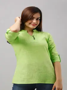Maishi Plus Size Lime Green Mandarin Collar Roll-Up Sleeves Top