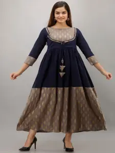 Maishi Navy Blue & Brown Ethnic Motifs Printed Cotton Ethnic Fit & Flare Midi Dress