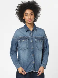 ONLY Women Blue Washed Cotton Denim Casual Shirt