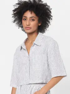 ONLY Women White Boxy Striped Crop Casual Shirt