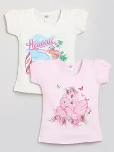 Nottie Planet Girls Set Of 2 White & Pink Printed Puff Sleeves Cotton T-shirt