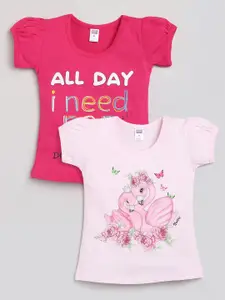 Nottie Planet Girls Fuchsia & Pink Set Of 2 Printed Cotton T-shirt