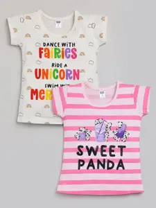 Nottie Planet Girls Pink & Off White Typography Pack of 2 Printed Cotton T-shirt