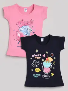 Nottie Planet Girls Set Of 2 Pink & Black Printed Cotton T-shirt