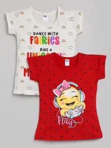 Nottie Planet Girls Set Of 2 Red & Off White Printed T-shirt