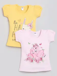 Nottie Planet Girls Pack Of 2 Pink & Yellow Printed T-shirt