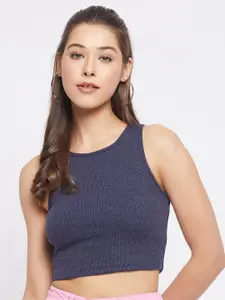 LE BOURGEOIS Navy Blue Solid Round Neck Fitted Crop Top