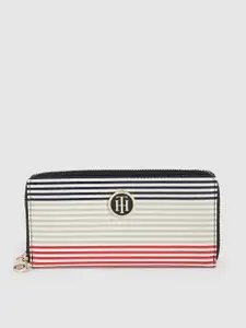 Tommy Hilfiger Women White & Blue Striped Leather Zip Around Wallet