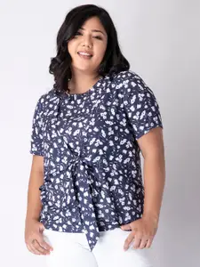FabAlley Curve Plus Size Blue & White Floral Print Tie-Up Georgette Top