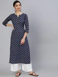 Nayo Women Navy Blue Ethnic Printed Cotton Straight Kurta