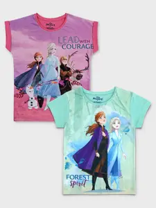 Kids Ville Girls Pack Of 2 Pink & Sea Green Frozen Printed Cotton T-shirts