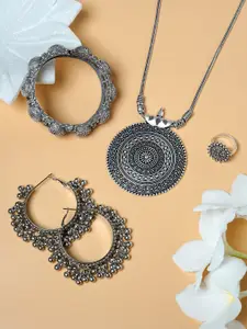 TEEJH Women Oxidised Silver-Plated Shivli Jewellery Set with Ring & Bracelet