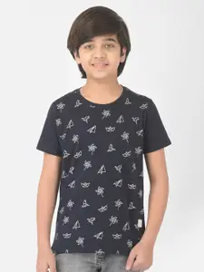 Crimsoune Club Boys Navy Blue & White Printed Slim Fit Pure Cotton T-shirt