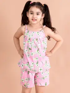 pspeaches Girls Pink & White Printed Cotton Night suit