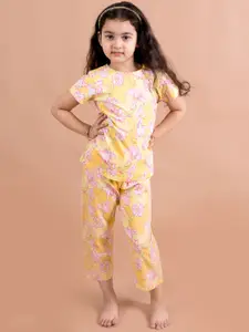 pspeaches Girls Yellow & Pink Floral Printed Cotton Night suit