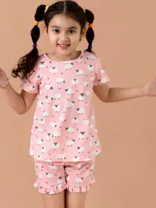 pspeaches Girls Pink & White Printed Pure Cotton Night suit