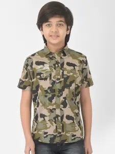 Crimsoune Club Boys Olive Green Camouflage Printed Slim Fit Casual Shirt