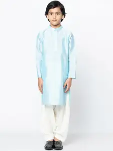 KISAH Boys Turquoise Blue & White Solid Cotton Blend Kurta Set