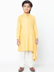 KISAH Boys Beige & White Asymmetric Hemline Kurta with Pyjamas