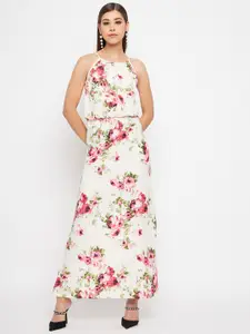 PURYS Women Off White & Pink Floral Crepe Maxi Dress