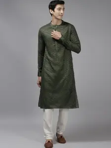 See Designs Men Green Woven Design Thread Work Summer Sheers Kurta
