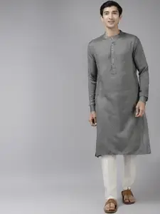 See Designs Men Grey Thread Work Handloom Kurta