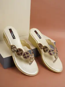 Get Glamr Gold-Toned Embellished Ethnic Wedge Sandals