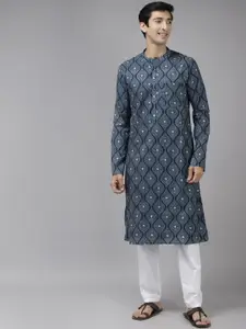 See Designs Men Blue Geometric Printed Cotton Kurta
