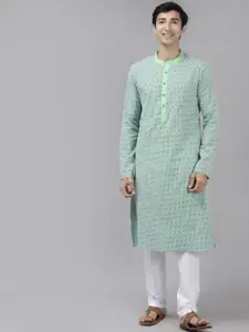 See Designs Men Green & White Geometric Printed Kurta