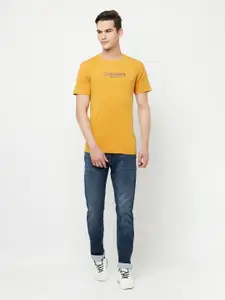 Crimsoune Club Men Mustard Typography Printed Slim Fit Outdoor T-shirt