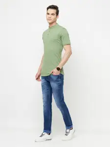 Crimsoune Club Men Olive Green Mandarin Collar Slim Fit Outdoor T-shirt